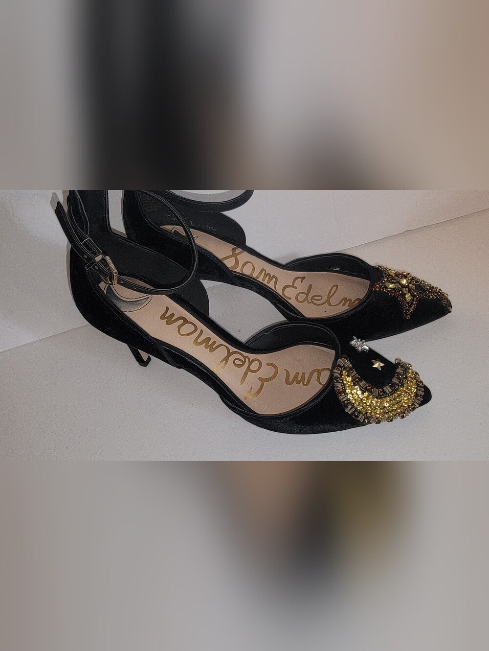 Sam Edelman "Tabby 3" Black Velvet Embellished Pointed Toe Slingback Heels 6.5